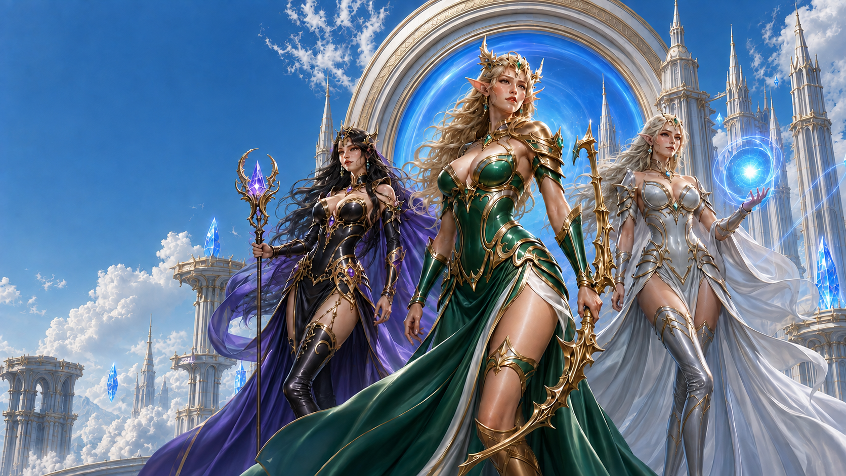 Grand MU Realm. Three elven champions before a sunlit silver portal.