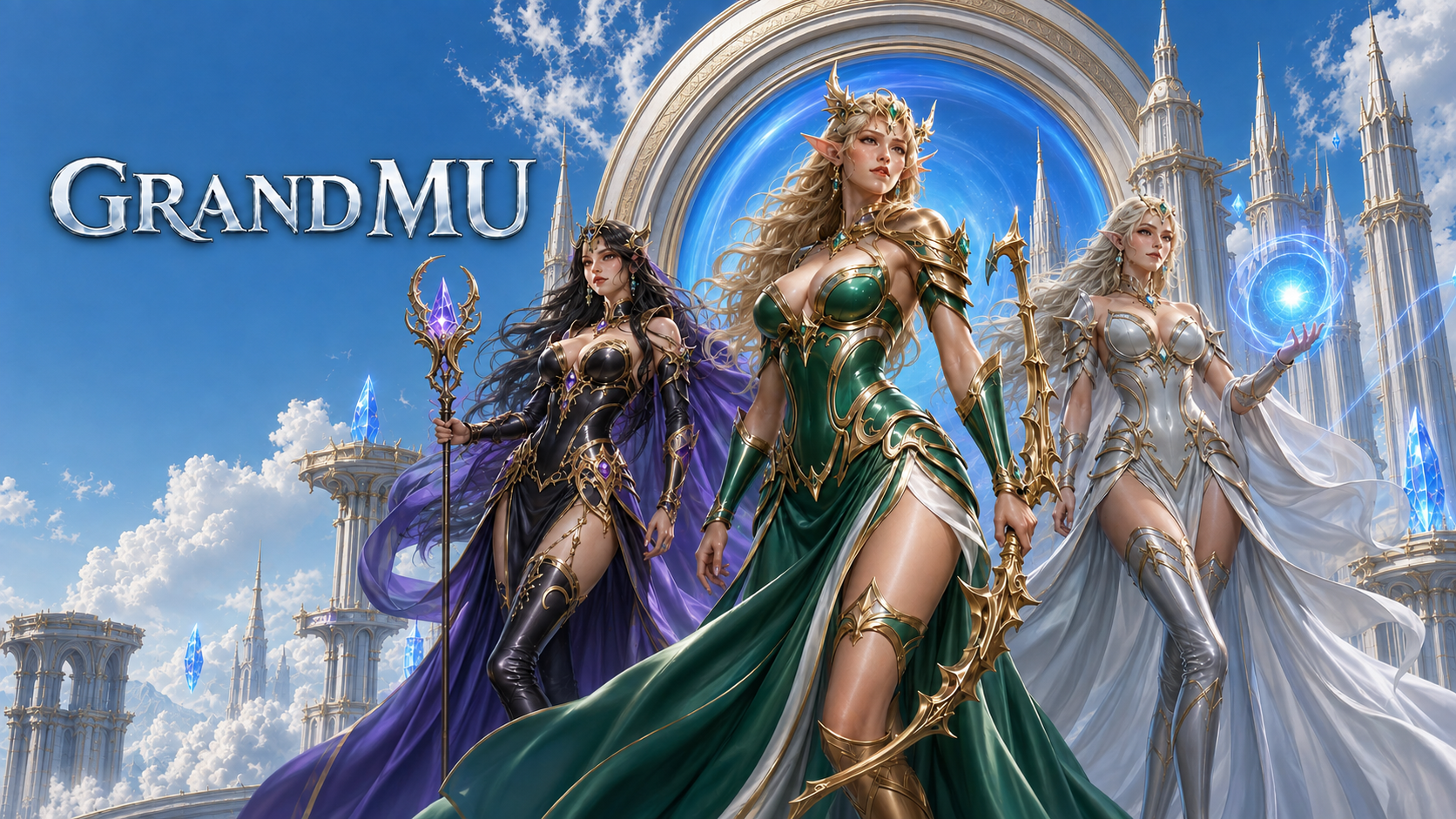 Grand MU Online. Three elven champions before a sunlit silver portal.