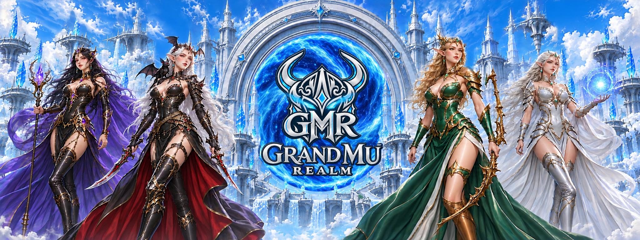 Four still Grand MU Realm heroines and a fixed realm emblem, with slowly drifting clouds and a rotating blue vortex.